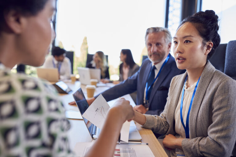 A business professional pitching to a client